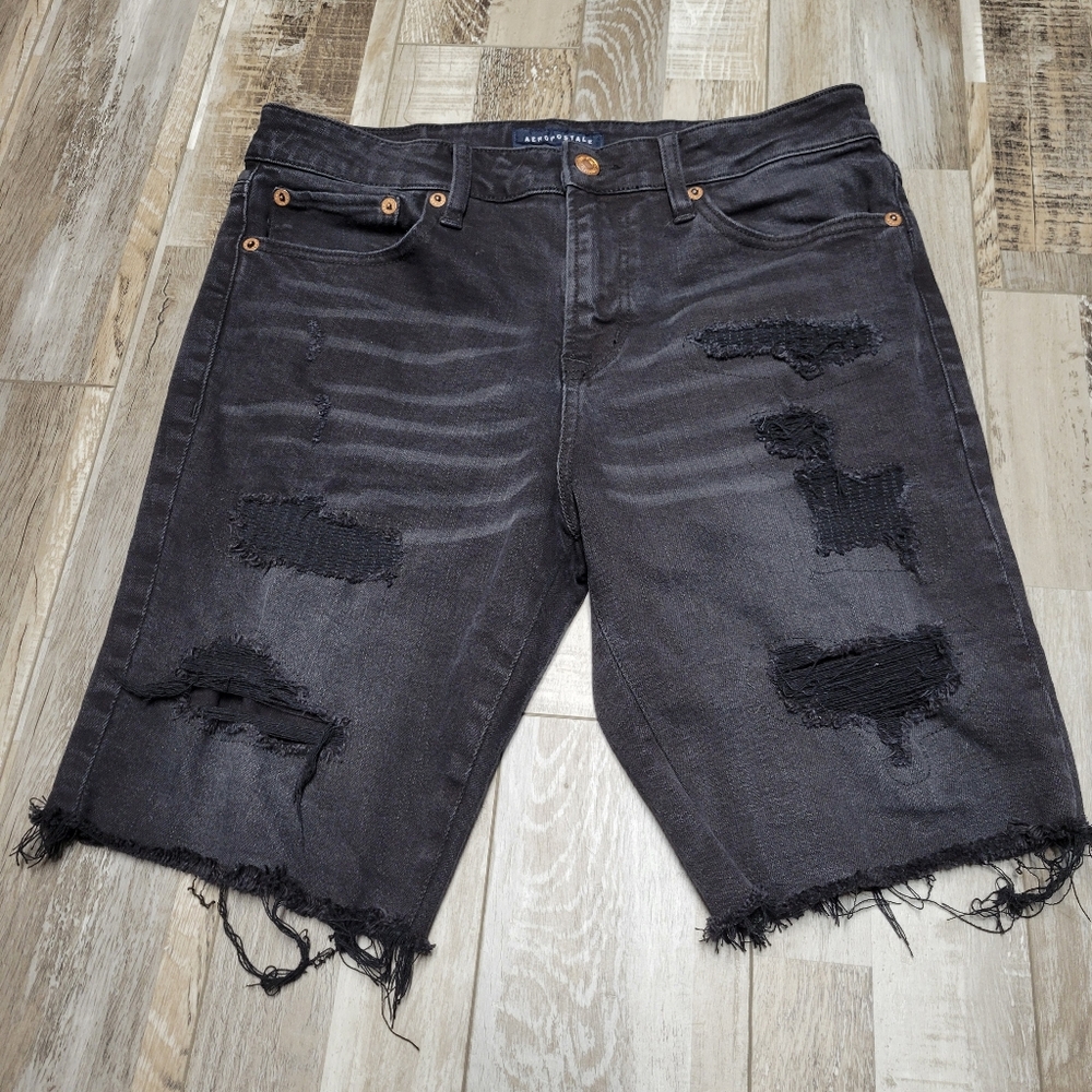 Men's 30 Aeropostale Slim Cut-Off Black Distressed Stretch Denim Shorts